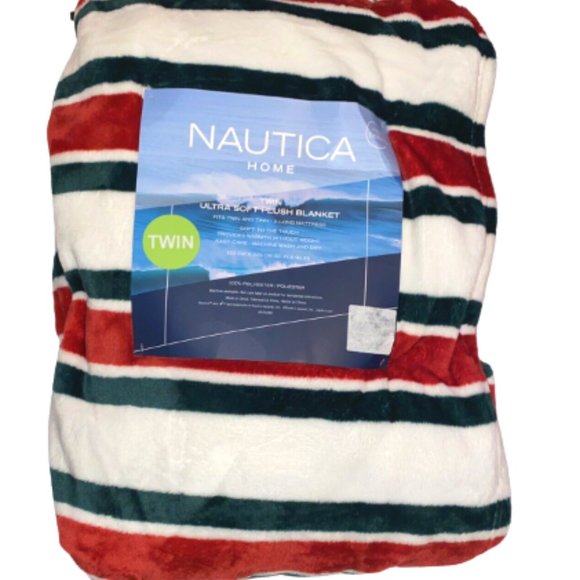 Nautica Twin Plush Christmas Blanket Twin Size Red White Green 60 in. x 90 in. - Picture 1 of 1